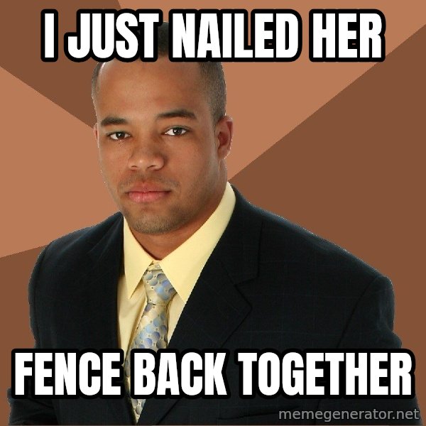 Successful Black Man meme: I JUST NAILED HER / FENCE BACK TOGETHER