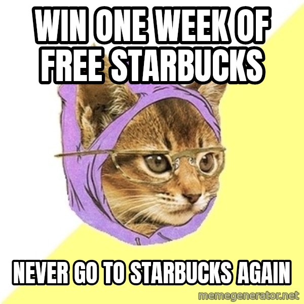 Hipster Kitty meme: win one week of free starbucks / never go to starbucks again