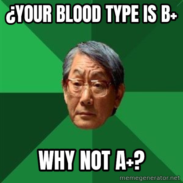 High Expectations Asian Father meme: ¿Your blood type is b+ / Why not A+?