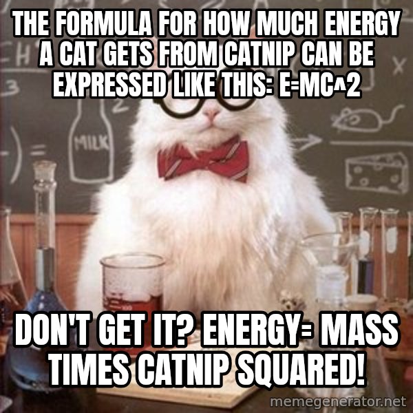 Chemistry Cat meme: The formula for how much energy a cat gets from catnip can be expressed like this: E=MC^2 / Don't get it? Energy= mass times catnip squared!