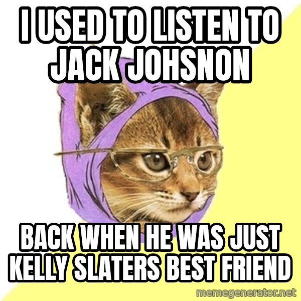 Hipster Kitty meme: I used to listen to jack johsnon / back when he was just kelly slaters best friend
