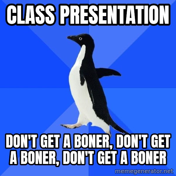 Socially Awkward Penguin meme: CLASS PRESENTATION / DON'T GET A BONER, DON'T GET A BONER, DON'T GET A BONER