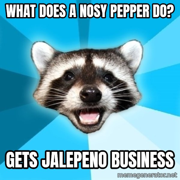 Lame Pun Coon meme: What does a nosy pepper do? / gets jalepeno business