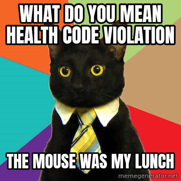 Business Cat meme: what do you mean health code violation / the mouse was my lunch