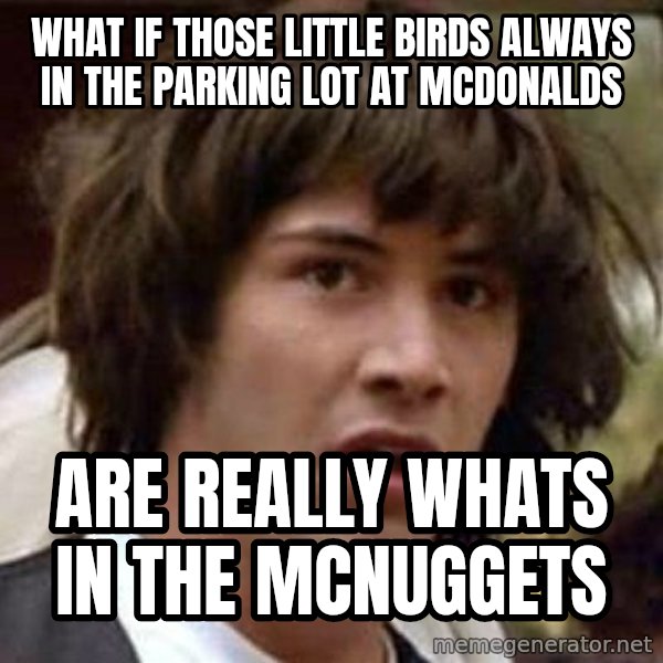 Conspiracy Keanu meme: what if those little birds always in the parking lot at mcdonalds / are really whats in the mcnuggets