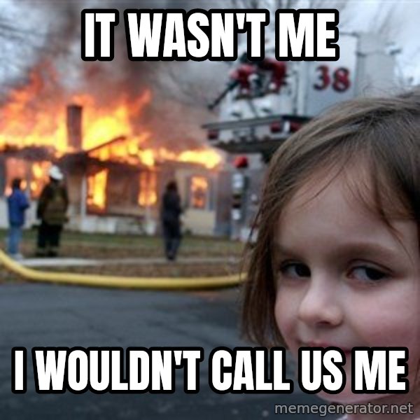 Disaster Girl meme: IT wasn't Me / I wouldn't call us me