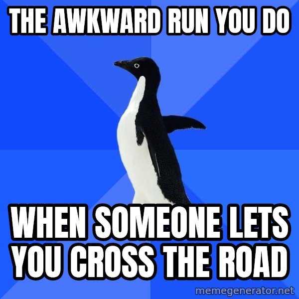 Socially Awkward Penguin meme: the awkward run you do / when someone lets you cross the road