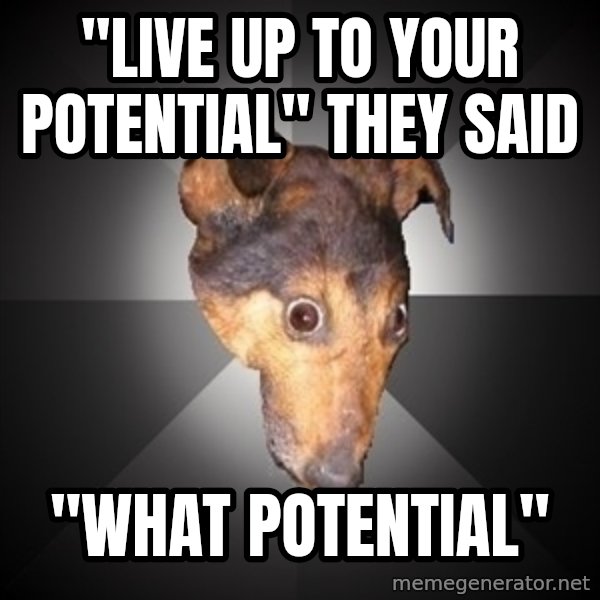 Depression Dog meme: "live up to your potential" they said / "what POTENTIAL"