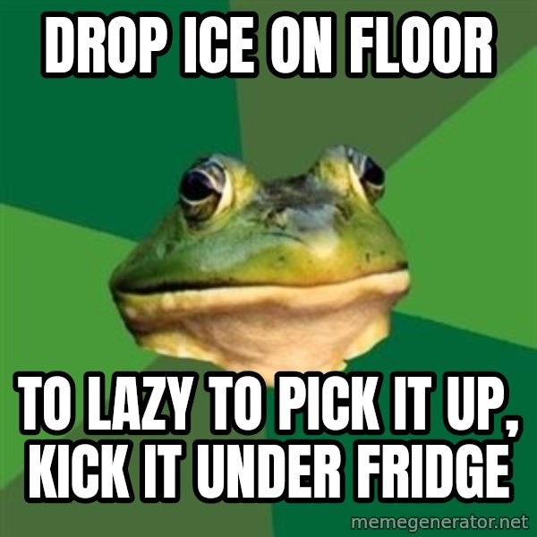 Foul Bachelor Frog meme: Drop Ice on Floor / To lazy to pick it up, kick it under fridge