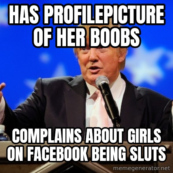 Annoying Facebook Girl meme: has profilepicture of her boobs / complains about girls on facebook being sluts