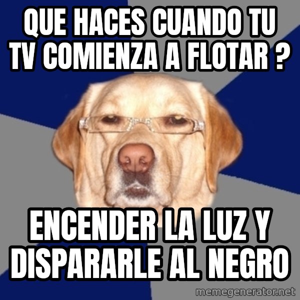 Racist Dog 1 meme: Que haces cuando tu tv comienza a flotar ? / encender la luz y dispararle al negro