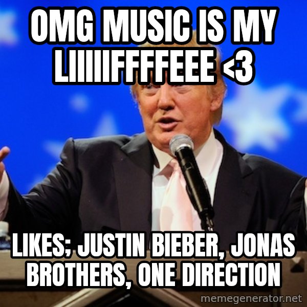 Annoying Facebook Girl meme: OMG MUSIC IS MY LIIIIIFFFFEEE <3 / LIKES; JUSTIN BIEBER, JONAS BROTHERS, ONE DIRECTION
