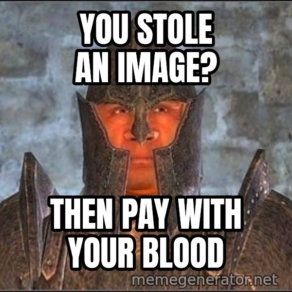 Oblivion Guard meme: YOU STOLE AN IMAGE? / THEN PAY WITH YOUR BLOOD