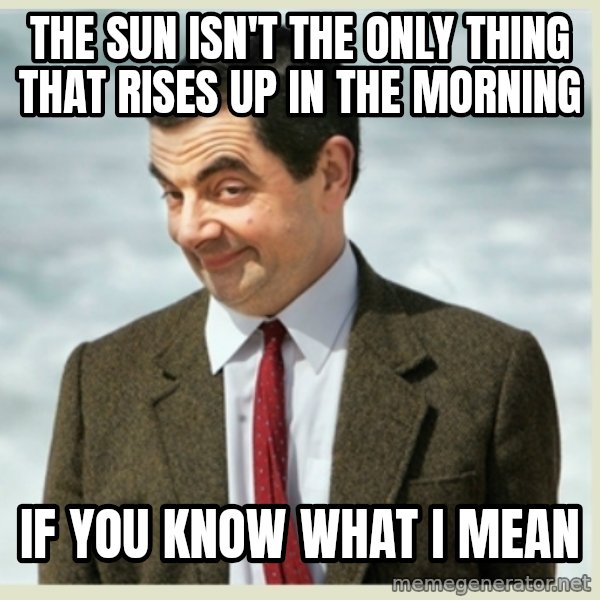 MR bean meme: The Sun isn't the only thing that rises up in the morning / If you know what I mean