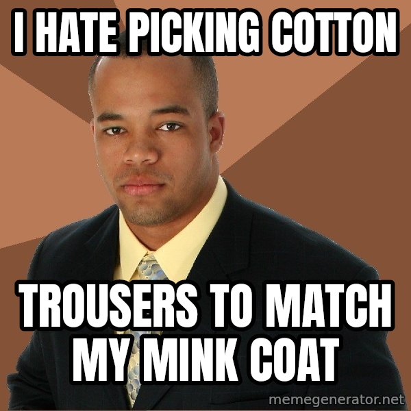 Successful Black Man meme: I hate picking cotton / Trousers to match my mink coat