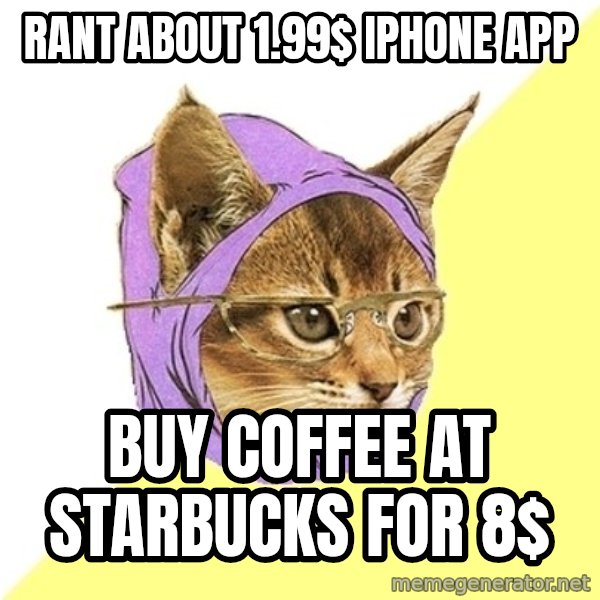 Hipster Kitty meme: RANT ABOUT 1.99$ IPHONE APP / BUY COFFEE AT STARBUCKS FOR 8$