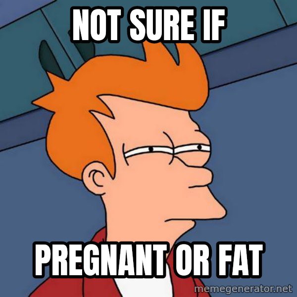 Futurama Fry meme: not sure if / pregnant or fat