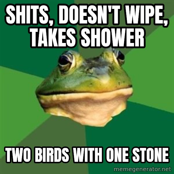 Foul Bachelor Frog meme: shits, doesn't wipe, takes shower / two birds with one stone