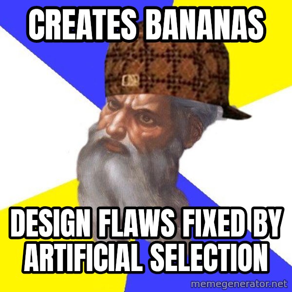 Scumbag God meme: creates bananas / design flaws fixed by artificial selection