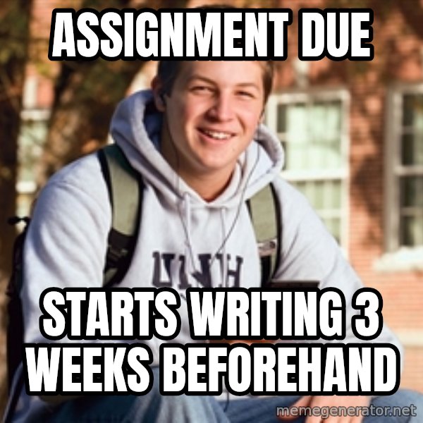 College Freshman meme: assignment due / starts writing 3 weeks beforehand