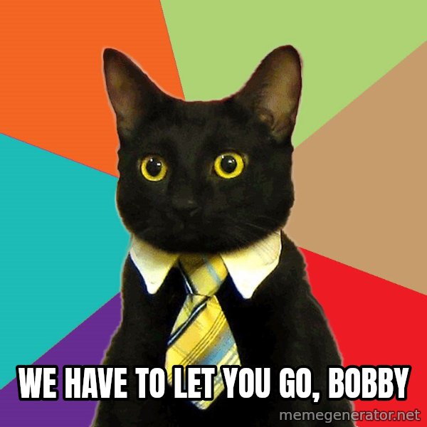 Business Cat meme: we have to let you go, bobby