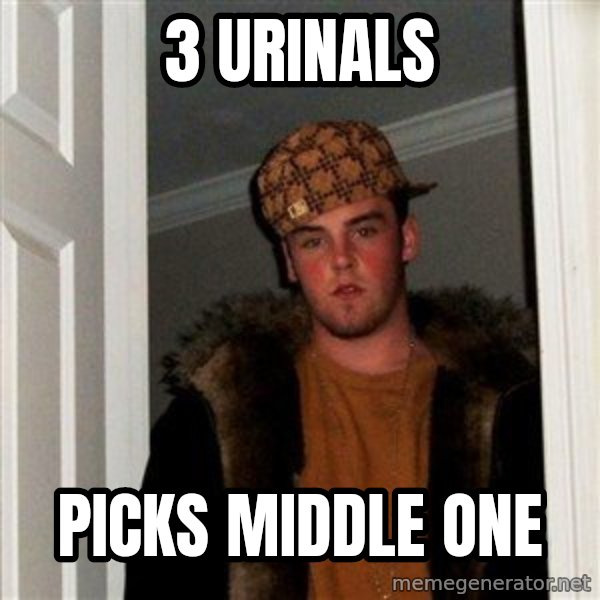 Scumbag Steve meme: 3 urinals / picks middle one