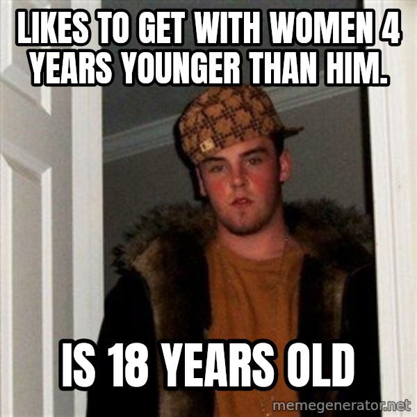 Scumbag Steve meme: Likes TO GET WITH WOMEN 4 YEARS YOUNGEr THaN HIM. / IS 18 YEARS OLD