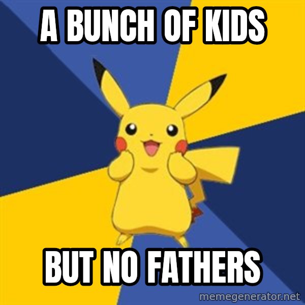 Pokemon Logic  meme: a bunch of kids / but no fathers