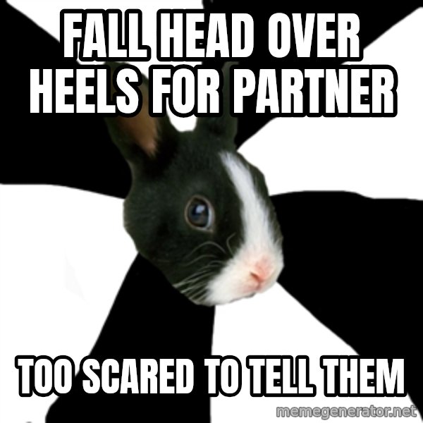 Roleplaying Rabbit meme: Fall head over heels for partner / Too scared to tell them
