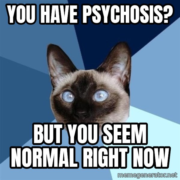 Chronic Illness Cat meme: you have psychosis? / but you seem normal right now