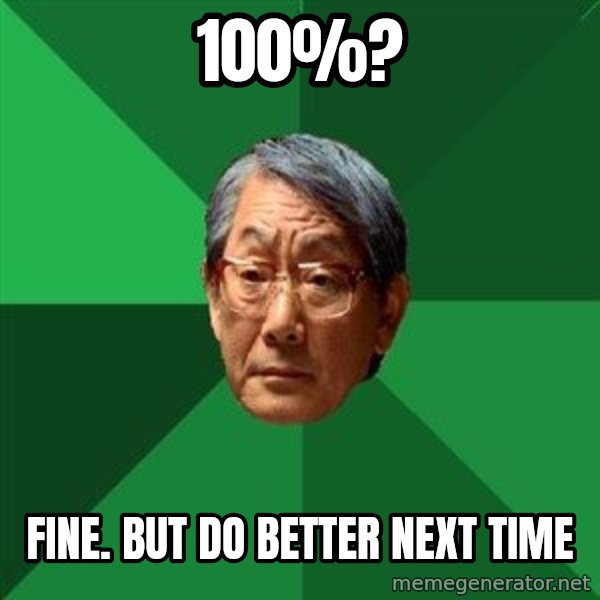 High Expectations Asian Father meme: 100%? / fine. but do better next time