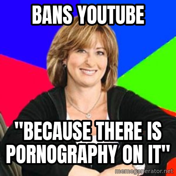 Sheltering Suburban Mom meme: Bans youtube / "because there is pornography on it"