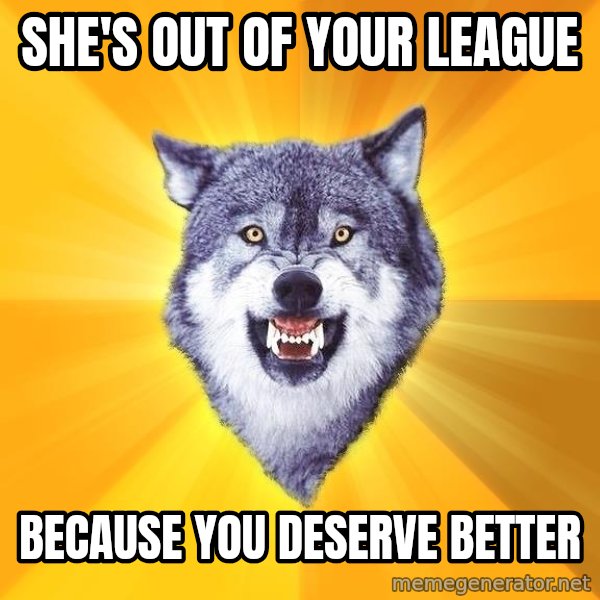 Courage Wolf meme: she's out of your league / because you deserve better