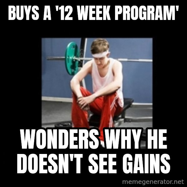 Annoying Gym Newbie meme: buys a '12 week program' / wonders why he doesn't see gains