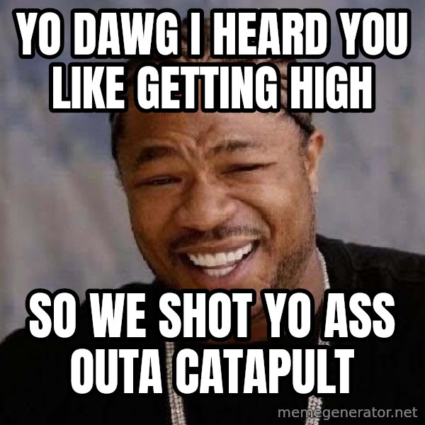 Yo Dawg meme: yo dawg i heard you like getting high / so we shot yo ass outa catapult