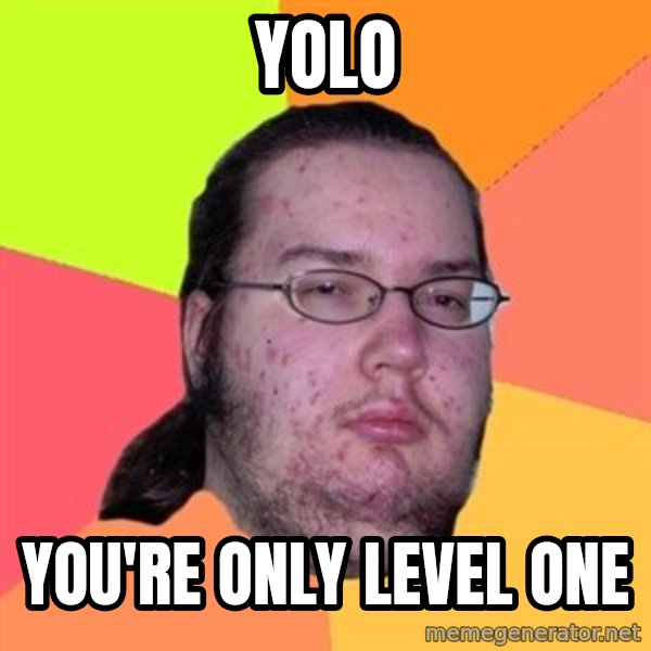 Butthurt Dweller meme: yolo / you're only level one