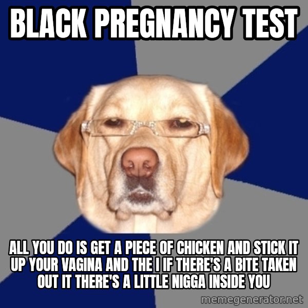 Racist Dawg meme: Black pregnancy test / All you do is get a piece of chicken and stick it up your vagina and the I if there's a bite taken out it there's a little nigga inside you