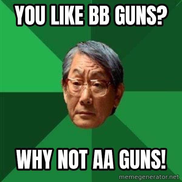 High Expectations Asian Father meme: you like bb guns? / why not aa guns!