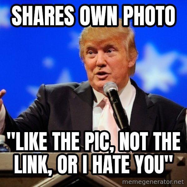 Annoying Facebook Girl meme: shares own photo / "like the pic, not the link, or i hate you"