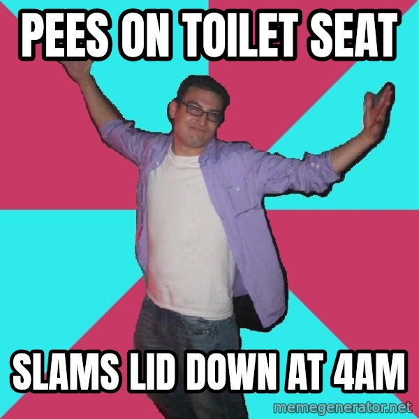Douchebag Roommate meme: Pees on toilet seat / slams lid down at 4am