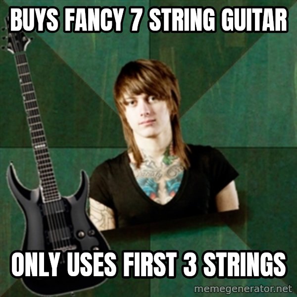 Progressive Guitarist meme: buys fancy 7 string guitar / only uses first 3 strings