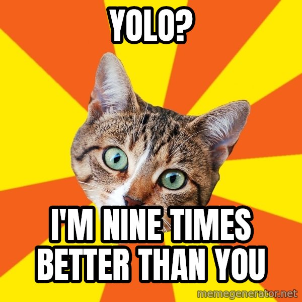 Bad Advice Cat meme: YOLO? / I'M NINE TIMES BETTER THAN YOU