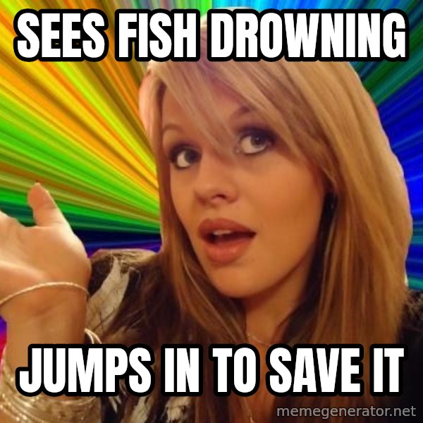 Dumb Blonde meme: Sees fish drowning / jumps in to save it