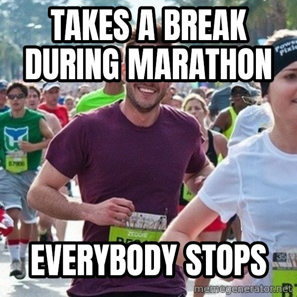 Ridiculously photogenic guy (Zeddie) meme: takes a break during marathon / everybody stops