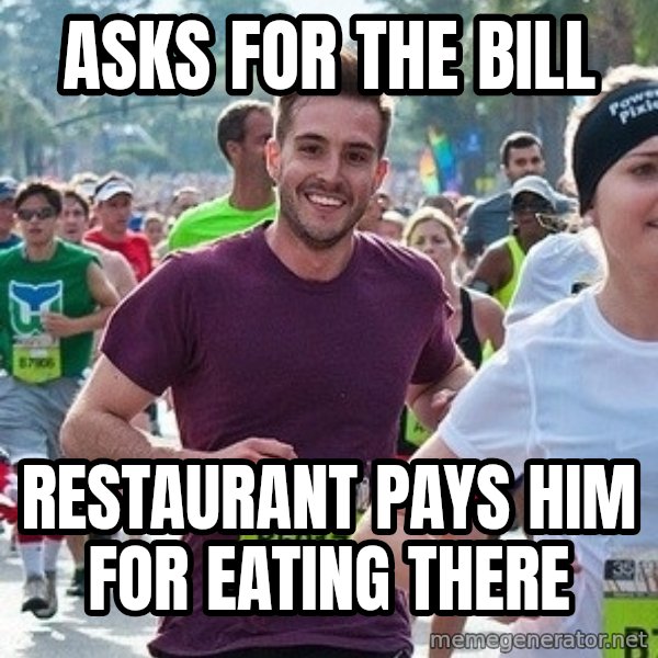 Ridiculously photogenic guy (Zeddie) meme: asks for the bill / restaurant pays him for eating there