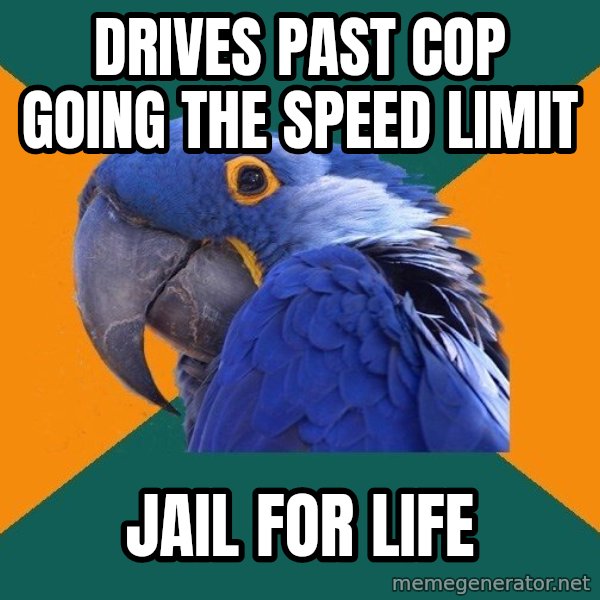 Paranoid Parrot meme: Drives past cop going the speed limit / Jail for life
