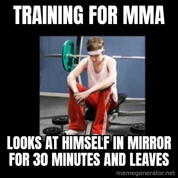 Annoying Gym Newbie meme: training for mma / looks at himself in mirror for 30 minutes and leaves