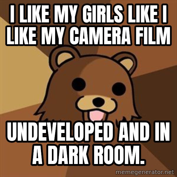 Pedobear meme: I like my girls like i like my camera film / undeveloped and in a dark room.