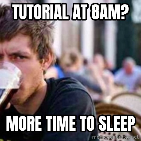 The Lazy College Senior meme: Tutorial at 8am? / more time to sleep