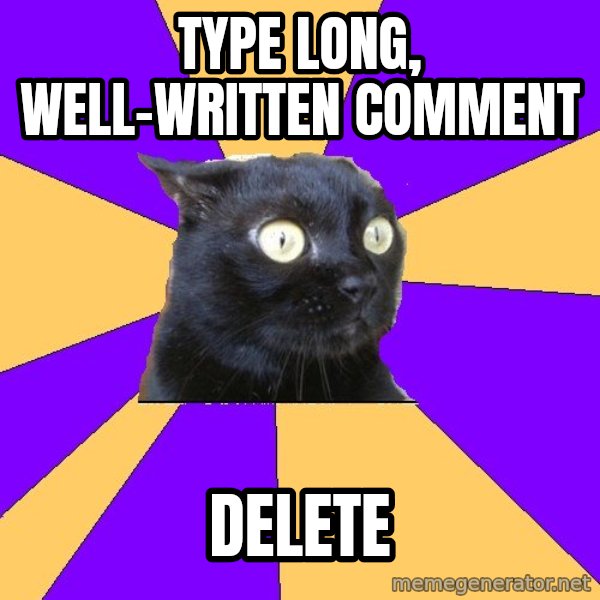 Anxiety Cat meme: type long, well-written comment / delete